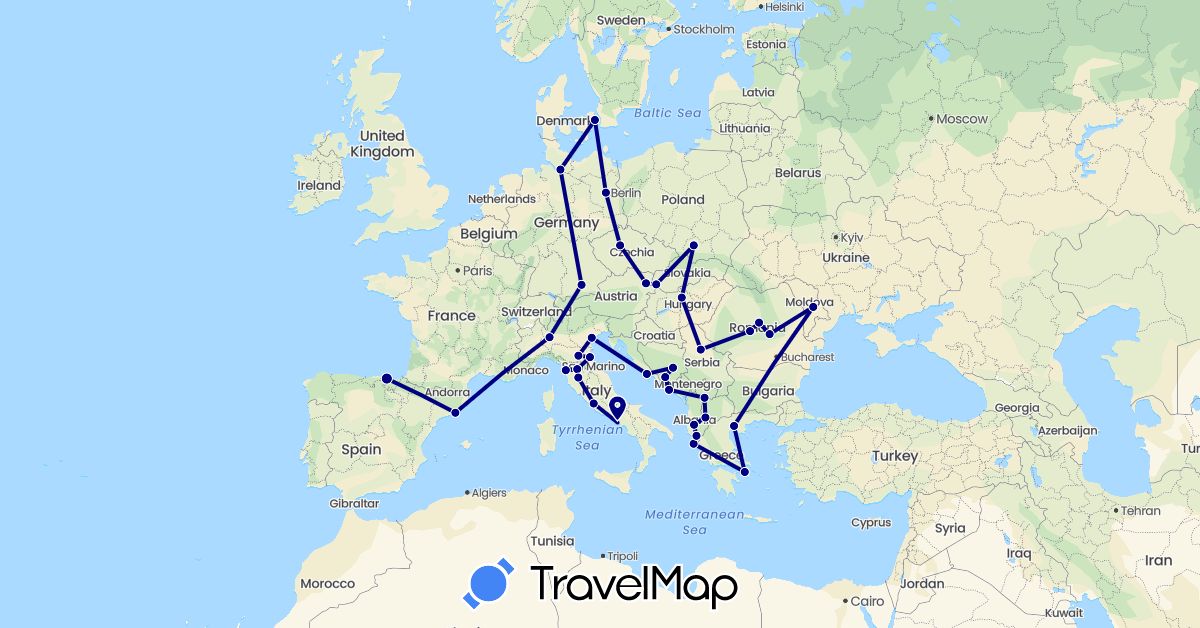TravelMap itinerary: driving in Albania, Austria, Bosnia and Herzegovina, Czech Republic, Germany, Denmark, Spain, Greece, Croatia, Hungary, Italy, Moldova, Macedonia, Poland, Romania, Serbia, Slovakia, Kosovo (Europe)